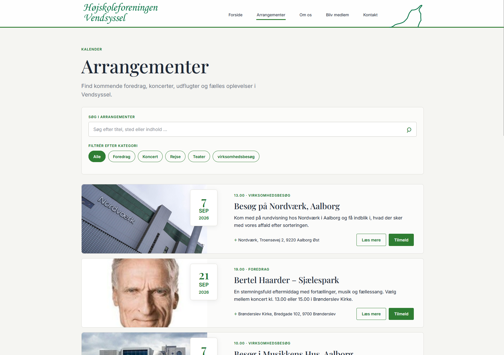 Arrangementssiden hos Højskoleforeningen Vendsyssel med søgning og filtrering
