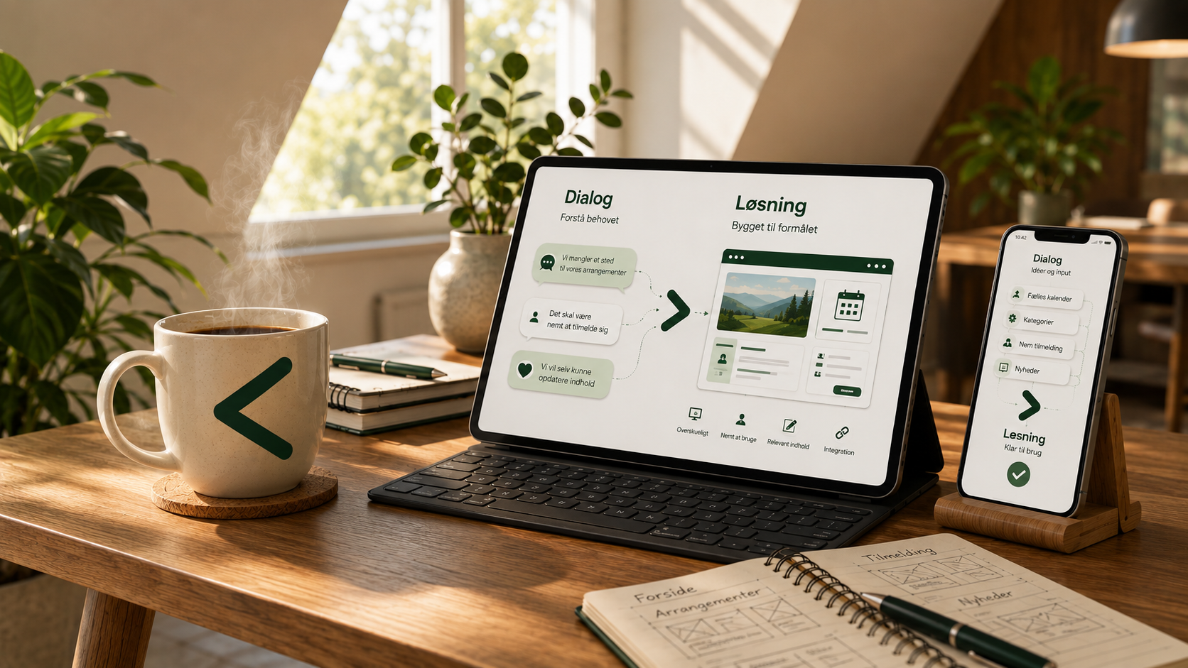 Roligt arbejdsbord med tablet, mobil og Klikz-kop, hvor dialog bliver til løsning